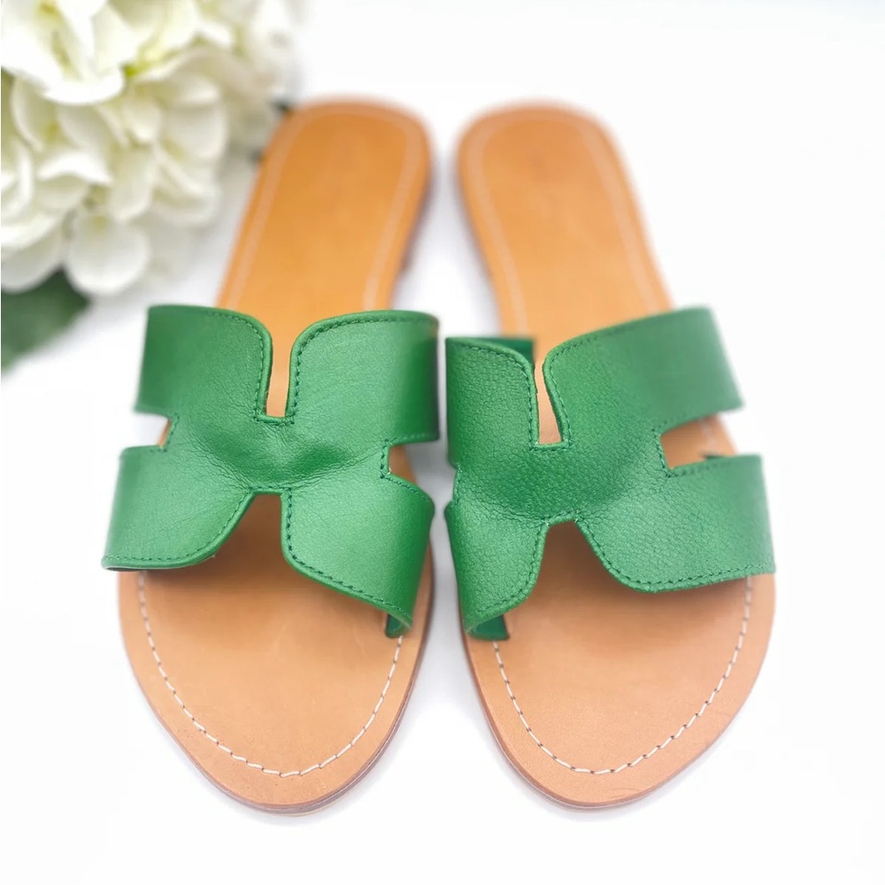 Green Leather Slide Sandals